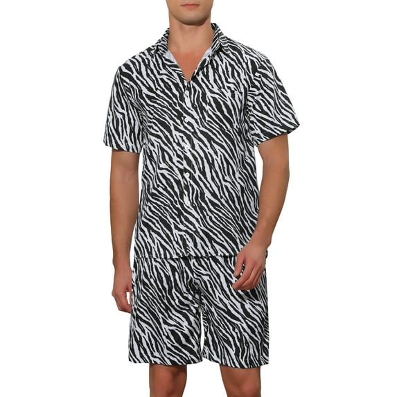 INSPIRE CHIC Animal Printed Shirts for Men's Summer 2 Pieces Set Hawaiian Shirts and Shorts Sets L Black White