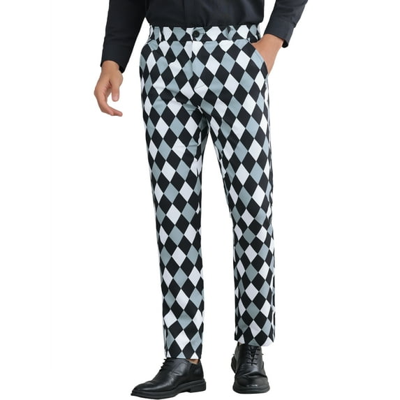 INSPIRE CHIC Men's Pants Diamond Plaid Flat Front Straight Leg Trousers 32 Gray Black