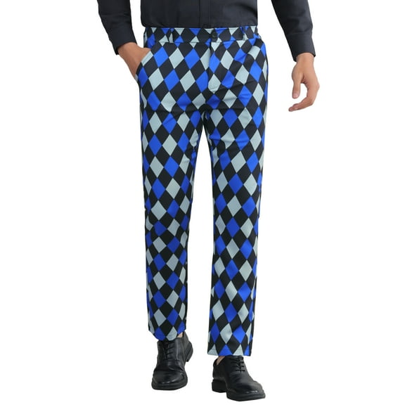 INSPIRE CHIC Men's Pants Diamond Plaid Flat Front Straight Leg Trousers 30 Blue Black