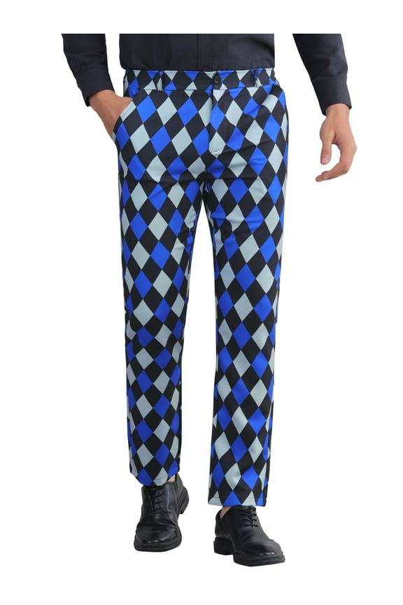 Men's Pants Diamond Plaid Flat Front Straight Leg Trousers 30 Blue Black