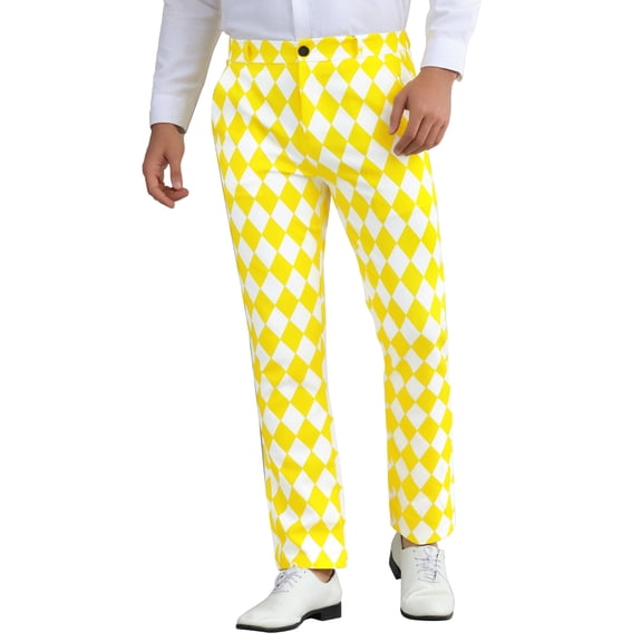 INSPIRE CHIC Argyle Printed Pants for Men's Regular Fit Flat Front Dress Trousers 28 Yellow White