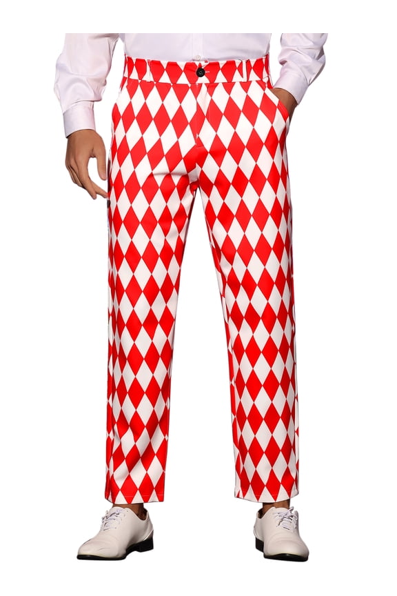 Argyle Printed Pants for Men's Regular Fit Flat Front Dress Trousers 30 Red White