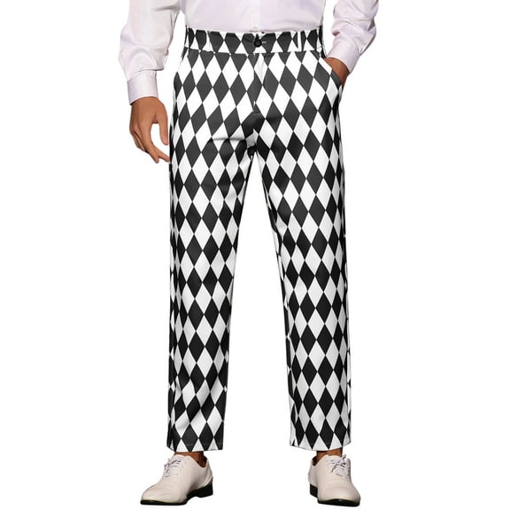 INSPIRE CHIC Argyle Printed Pants for Men's Regular Fit Flat Front Dress Trousers 34 Black White