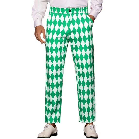 INSPIRE CHIC Argyle Printed Pants for Men's Regular Fit Flat Front Dress Trousers 34 Green White