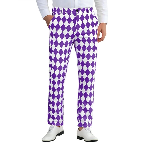 INSPIRE CHIC Argyle Printed Pants for Men's Regular Fit Flat Front Dress Trousers 34 Purple White
