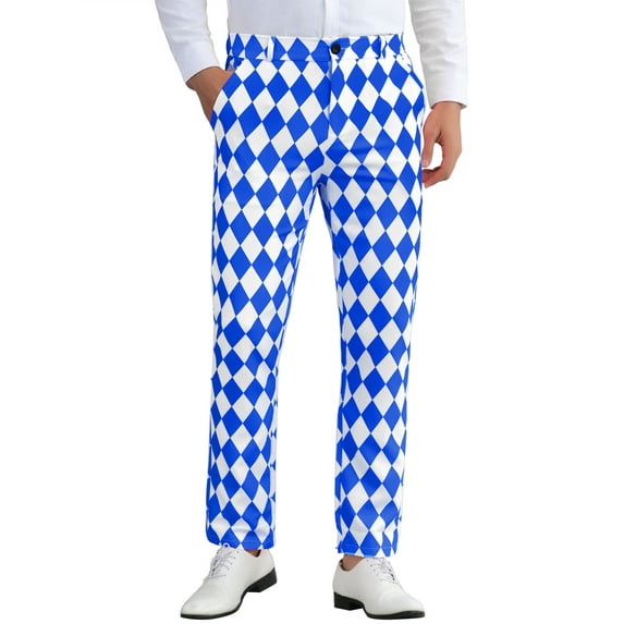 INSPIRE CHIC Argyle Printed Pants for Men's Regular Fit Flat Front Dress Trousers 38 Blue White