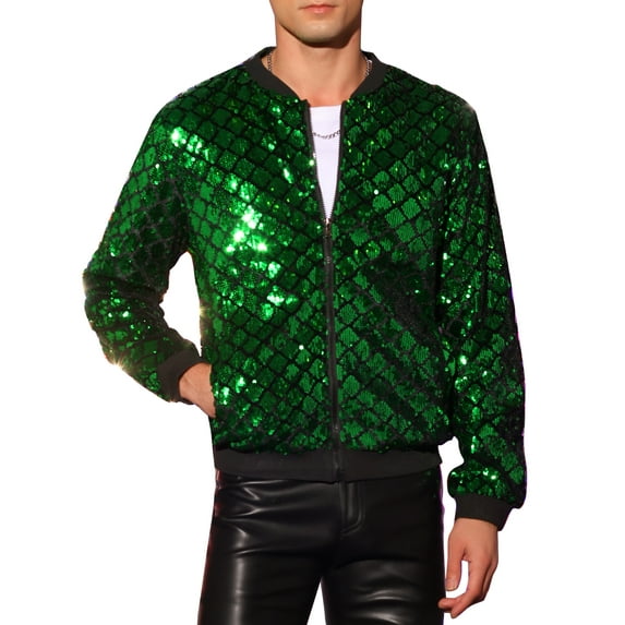 INSPIRE CHIC Men's Jacket Argyle Sequin Baseball Jacket Party Club Shiny Jacket 2XL Green