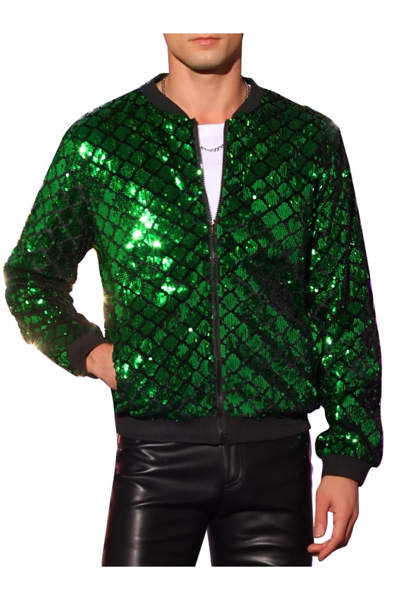 Men's Jacket Argyle Sequin Baseball Jacket Party Club Shiny Jacket S Green