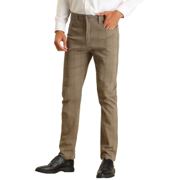 INSPIRE CHIC Business Checked Trousers for Men's Straight Leg Flat Front Plaid Dress Pants 28 Khaki