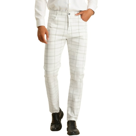 INSPIRE CHIC Business Checked Trousers for Men's Straight Leg Flat Front Plaid Dress Pants 28 White