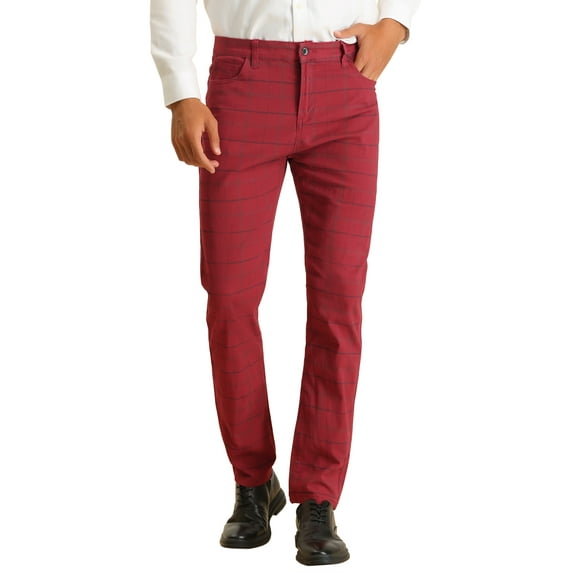 INSPIRE CHIC Business Checked Trousers for Men's Straight Leg Flat Front Plaid Dress Pants 28 Red