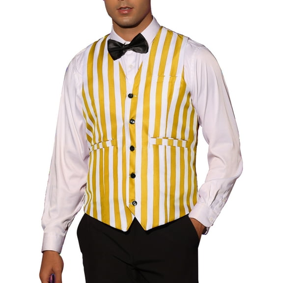 INSPIRE CHIC Business Vest for Men's Slim Fit V Neck Sleeveless Striped Prints Waistcoat 2XL Yellow