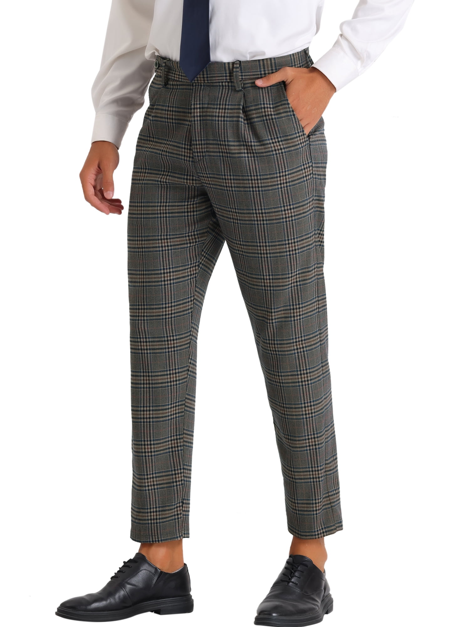 Lars Amadeus Checked Dress Pants for Men's Expandable Waist Pleated