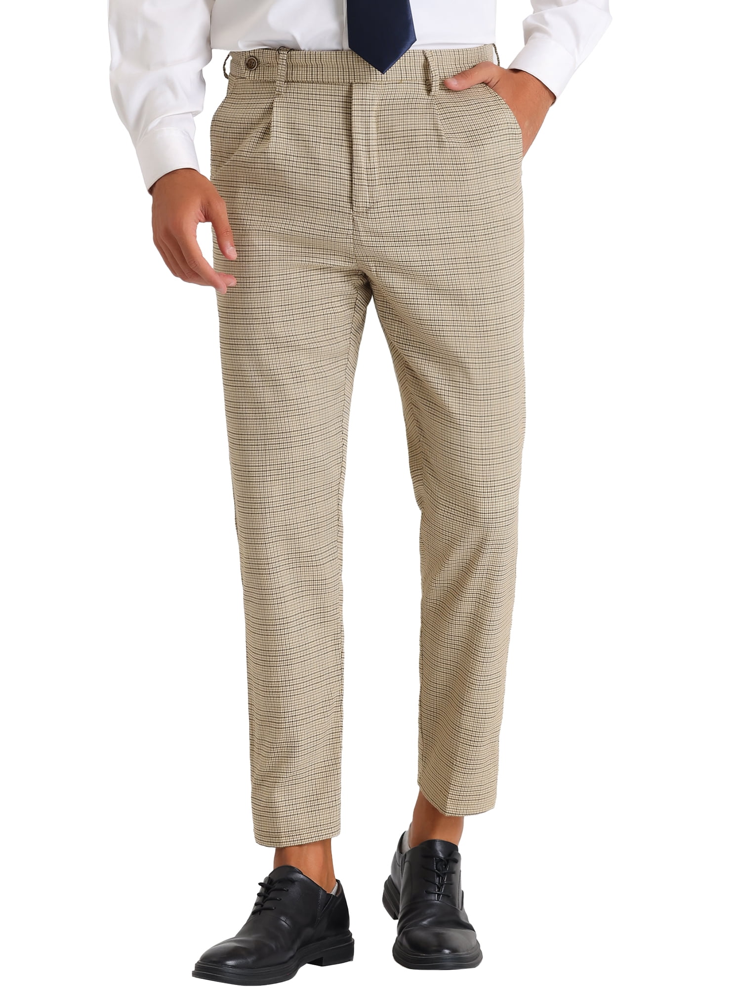 Lars Amadeus Checked Dress Pants for Men's Expandable Waist Pleated