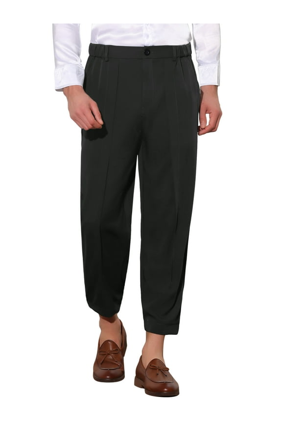 Cropped Dress Pants for Men's Solid Elastic Waist Ankle Length Tapered Pants