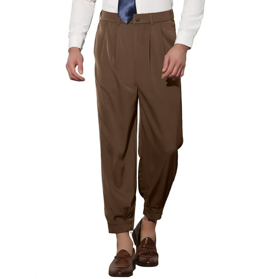 INSPIRE CHIC Cropped Pants for Men's Double Pleated Zipper Leg Tapered Formal Dress Pants 38 Brown