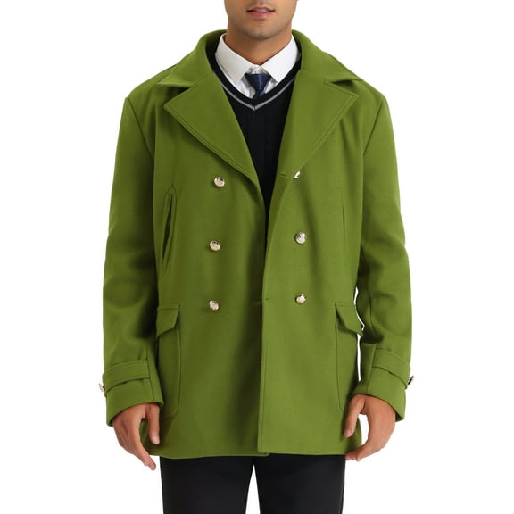 INSPIRE CHIC Double Breasted Peacoat for Men's Notched Collar Classic Winter Overcoat Olive Green S