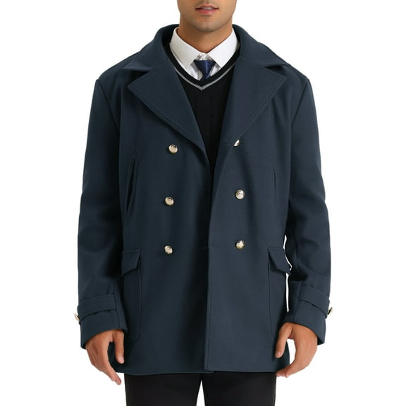 INSPIRE CHIC Double Breasted Peacoat for Men's Notched Collar Classic Winter Overcoat Navy Blue S