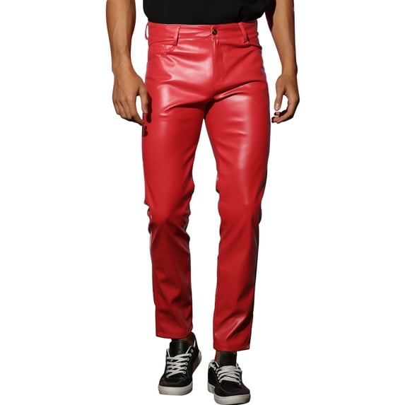 INSPIRE CHIC Faux Leather Pants for Men's Slim Fit Hip Hop Nightclub Disco Party Trousers 32 Red
