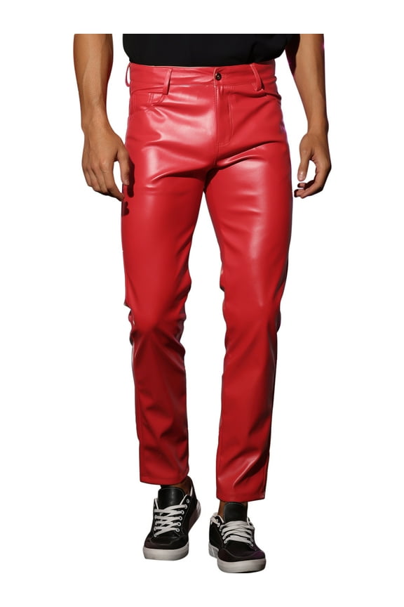 Faux Leather Pants for Men's Slim Fit Hip Hop Nightclub Disco Party Trousers 36 Red