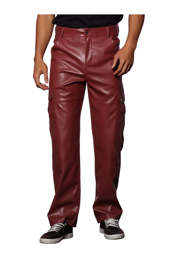 Faux Leather Pants for Men's Slim Fit Hip Hop Punk Trousers 40 Burgundy