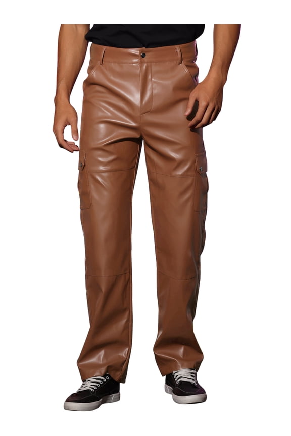 Faux Leather Pants for Men's Slim Fit Hip Hop Punk Trousers 36 Brown