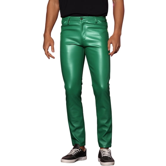 INSPIRE CHIC Faux Leather Pants for Men's Slim Fit Motorcycle Biker Skinny Trousers 32 Green