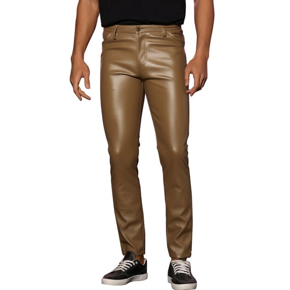 INSPIRE CHIC Faux Leather Pants for Men's Slim Fit Motorcycle Biker Skinny Trousers 34 Brown