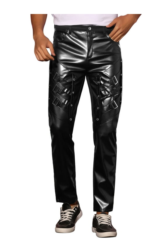 Faux Leather Pants for Men's Slim Fit Punk Hip Hop Disco Club PU Trousers 28 Black