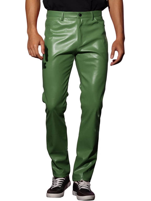 Halloween Men's Pants PU Leather Button Casual Style Pants 32 Green