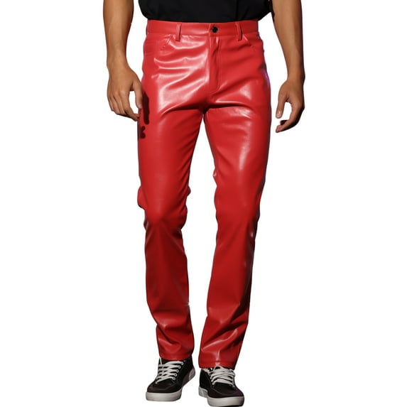 INSPIRE CHIC Men's Pants PU Leather Button Casual Style Pants 34 Red
