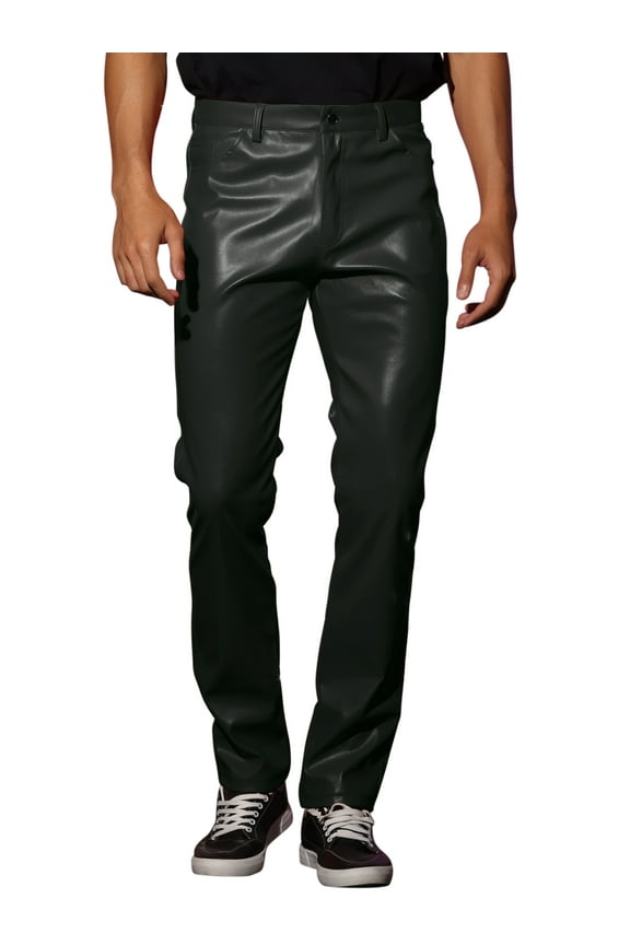 Men's Pants PU Leather Button Casual Style Pants 30 Black