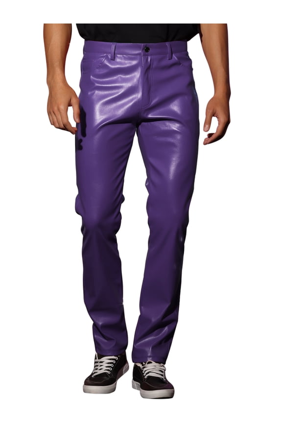 Men's Pants PU Leather Button Casual Style Pants 34 Purple
