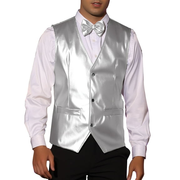 INSPIRE CHIC Faux Leather Suit Vest for Men's Formal Western PU Waistcoat with Bow-Tie 2XL Silver