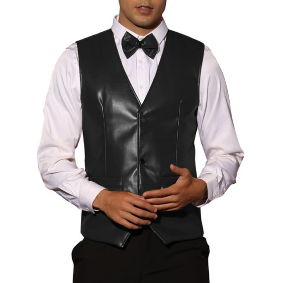 INSPIRE CHIC Faux Leather Suit Vest for Men's Formal Western PU Waistcoat with Bow-Tie XL Black