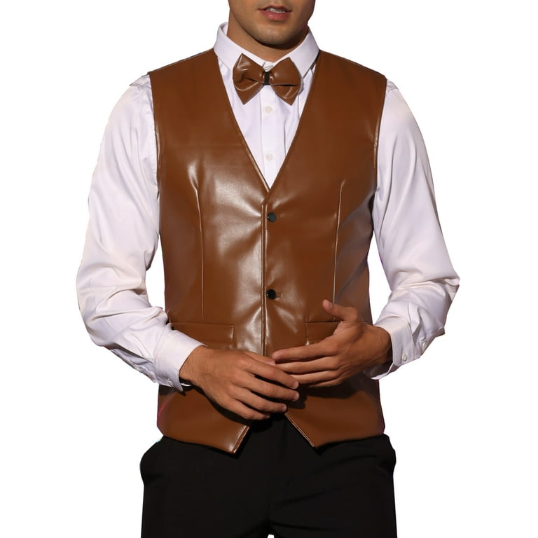 Lars Amadeus Faux Leather Suit Vest for Men's Formal Western PU Waistcoat  with Bow-Tie