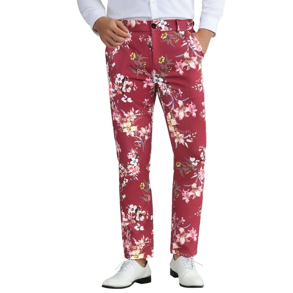 INSPIRE CHIC  Men's Floral Dressy Pants Flat Front Party Prom Flower Printed Slacks 28 Burgundy Pink