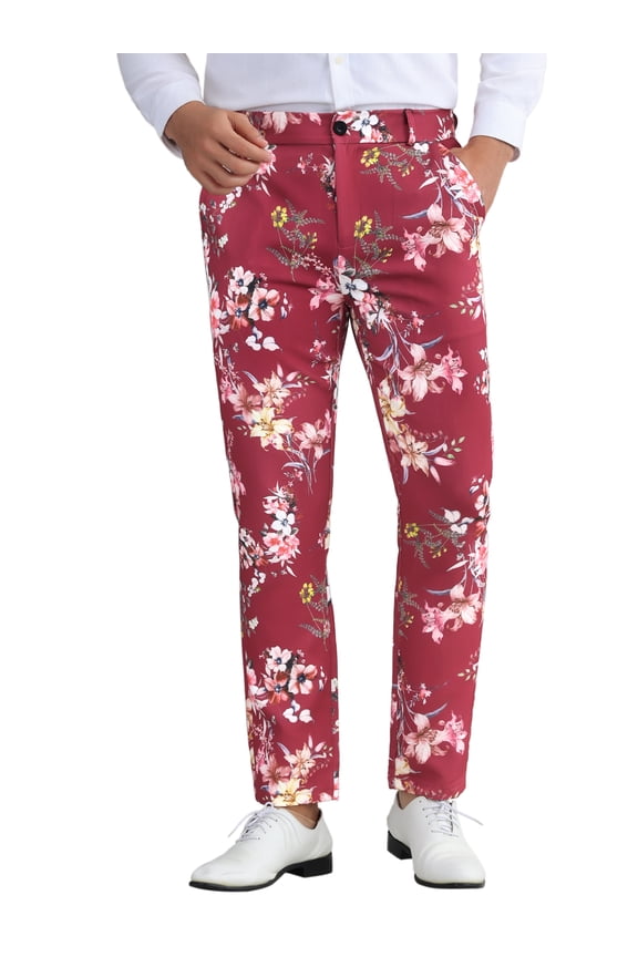 Men's Floral Dressy Pants Flat Front Party Prom Flower Printed Slacks 28 Burgundy Pink