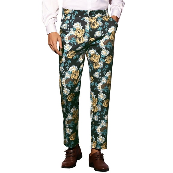 INSPIRE CHIC  Men's Floral Dressy Pants Flat Front Party Prom Flower Printed Slacks 30 Blue White