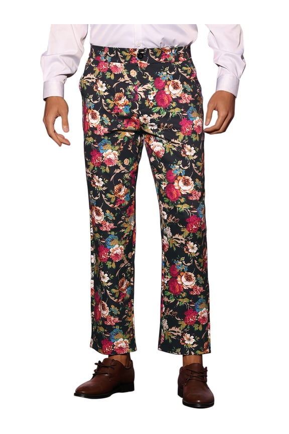 Men's Floral Dressy Pants Flat Front Party Prom Flower Printed Slacks 28 Black Red
