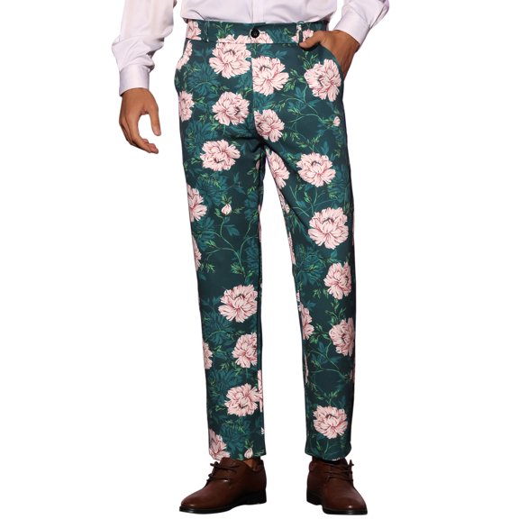 INSPIRE CHIC  Men's Floral Dressy Pants Flat Front Party Prom Flower Printed Slacks 38 Green Pink