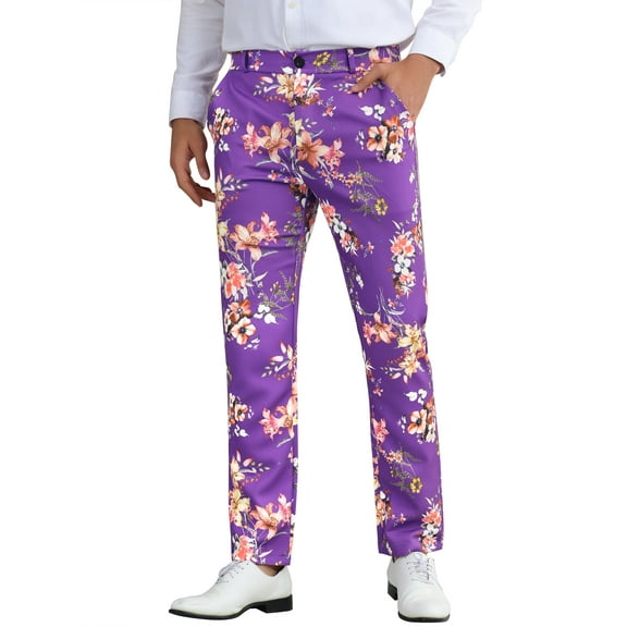 INSPIRE CHIC Floral Printed Dress Pants for Men's Straight Leg Flat Front Flower Pattern Trousers
