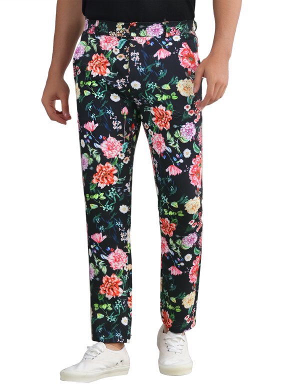 Men's Pants Floral Print Flat Front Straight Leg Trouser 34 Black