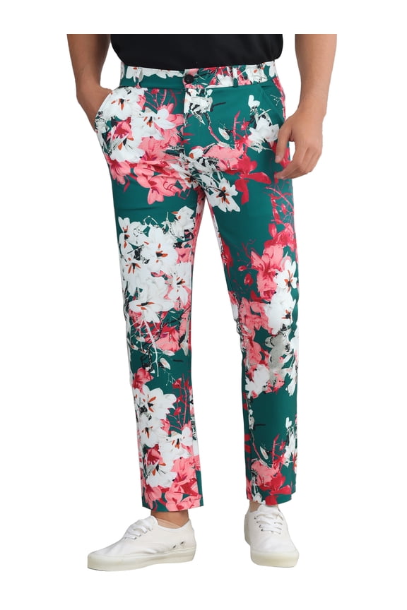 Floral Printed Dress Pants for Men's Straight Leg Flat Front Flower Pattern Trousers