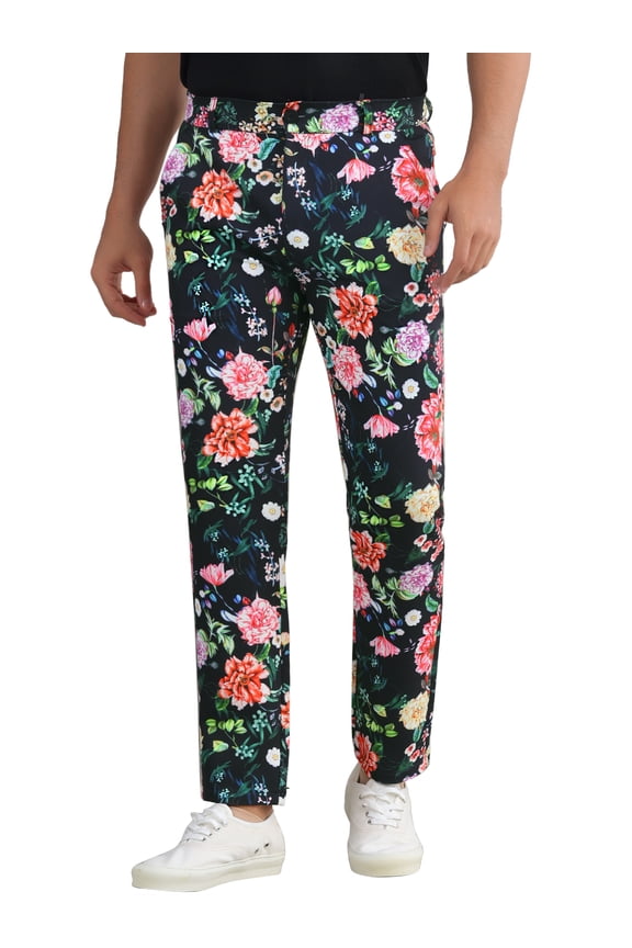 Floral Printed Dress Pants for Men's Straight Leg Flat Front Flower Pattern Trousers