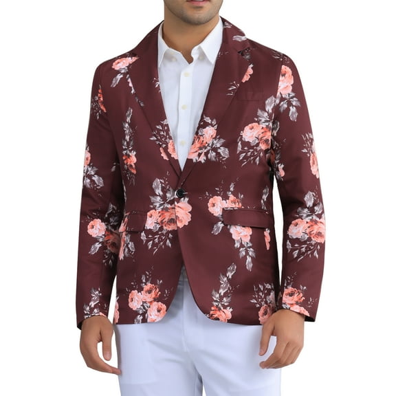 INSPIRE CHIC Floral Sport Coats for Men's Slim Fit Party Prom Flower Printed Blazers M Burgundy