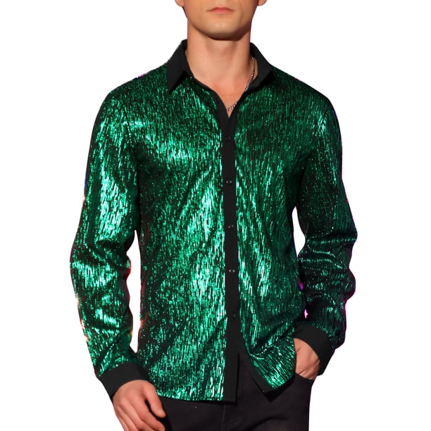 mens glitter dress shirts Sequin Shirts for Men's Short Sleeve Sparkle Glitter Prom 70s Disco  Nightclub Party Polo
