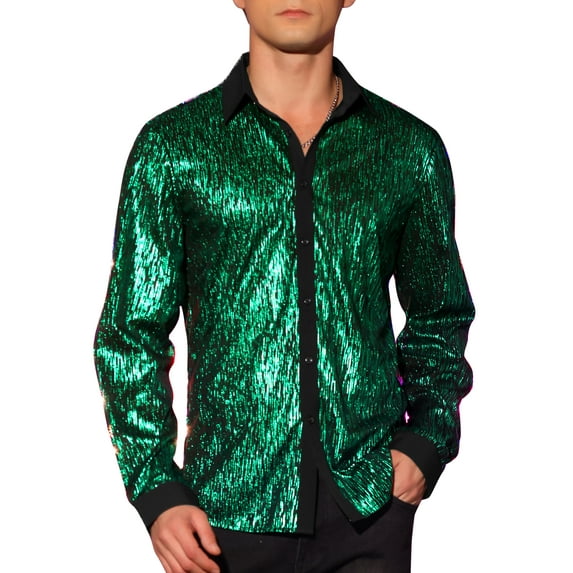 INSPIRE CHIC Glitter Dress Shirts for Men's Button Long Sleeves Disco Sparkly Shirt Green XL