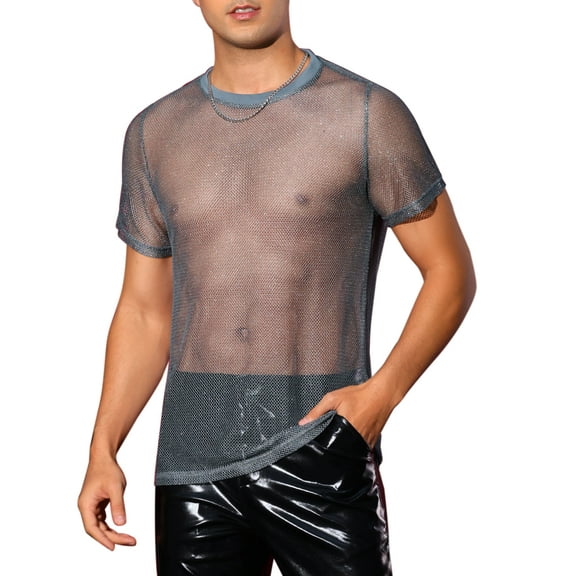 INSPIRE CHIC Glitter Mesh Sheer T Shirt for Men's Round Neck Short Sleeve See Through Party Tee Tops
