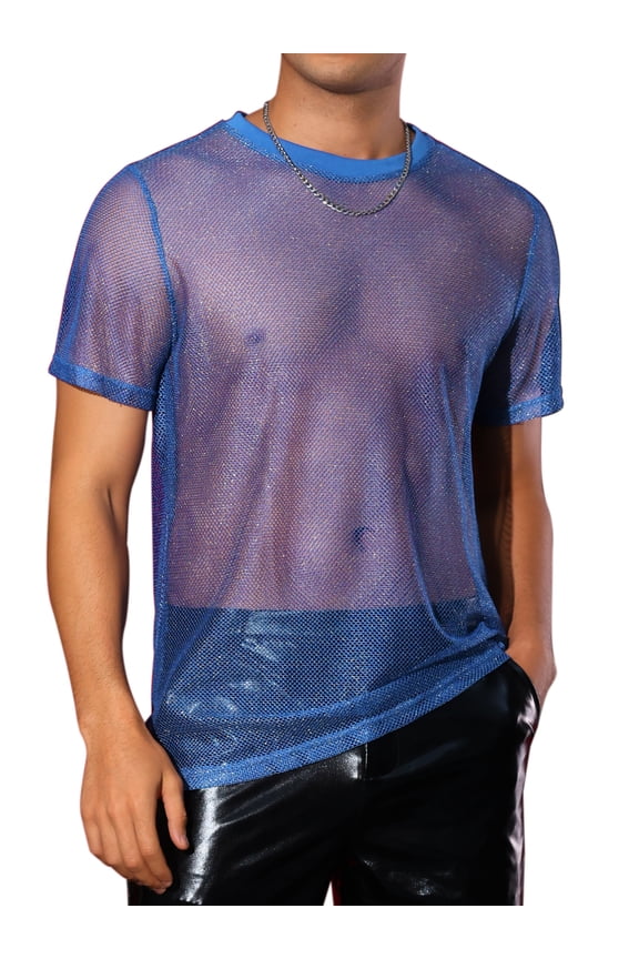 Glitter Mesh Sheer T Shirt for Men's Round Neck Short Sleeve See Through Party Tee Tops